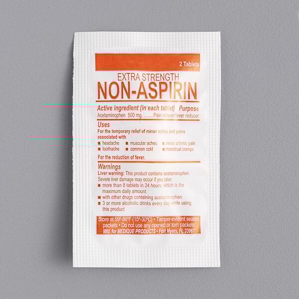 A white Medique packet with red and white text for Medique Extra Strength Non-As - pirin Tablets.