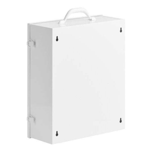 A white, metal, three-shelf empty first aid cabinet with a handle and wall-mounting holes.