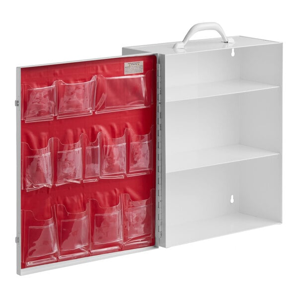 A white three-shelf empty first aid cabinet with clear pockets on the inside of the door and a carrying handle on top.