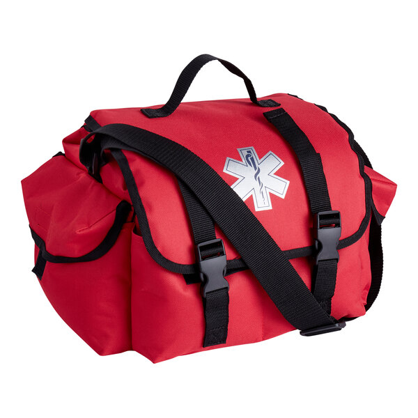 A red trauma first aid kit bag with black straps and a medical symbol on the front.