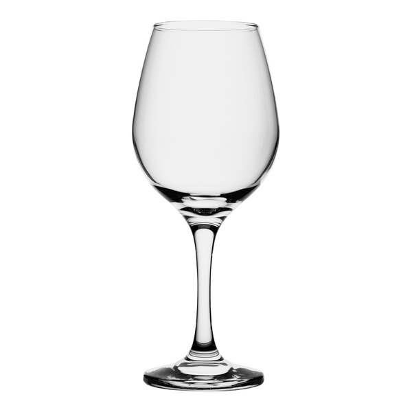 A close-up of a clear Pasabahce Amber wine glass.