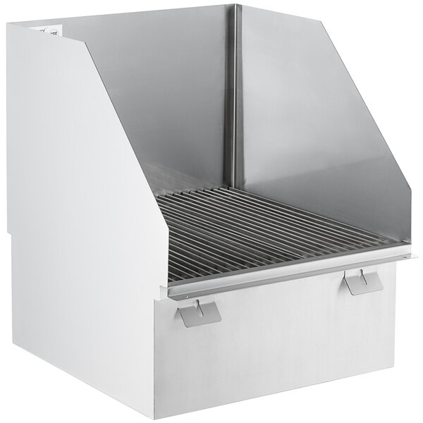 A white rectangular Regency stainless steel mop sink with metal grates over the bowl and splash guards.