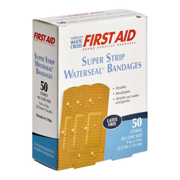 A box of American White Cross Super Strip Waterseal Bandages containing 50 sterile, latex-free adhesive bandages.