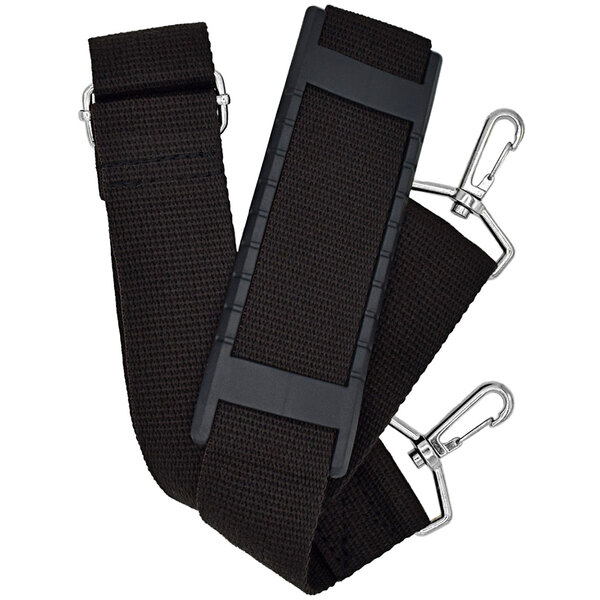 A close-up of a Vectorfog black carrying belt with metal clasps.