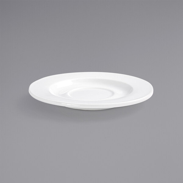 A white Front of the House Monaco porcelain saucer with a wide rim.