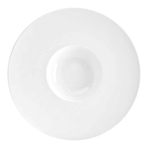 A bright white extra wide rim round porcelain bowl.