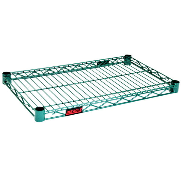 a green metal shelf with red labels