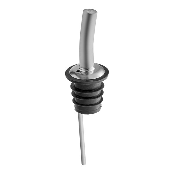 A chrome-colored liquor pourer with a tapered spout and black ribbed rubber stopper.