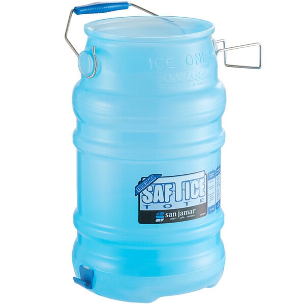 A blue plastic container with a handle and a spout.