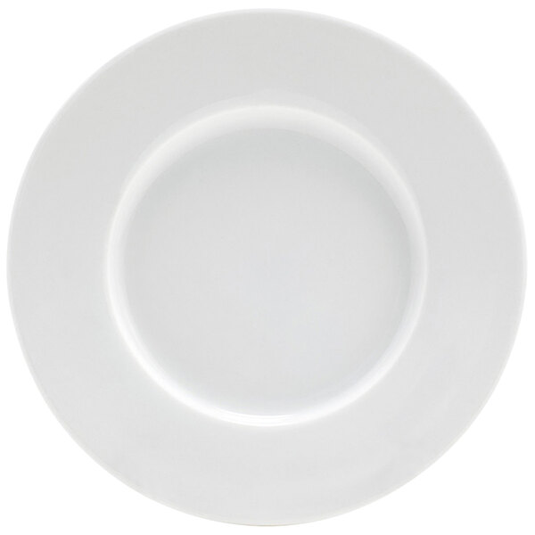 A Front of the House bright white porcelain plate with a wide round rim.