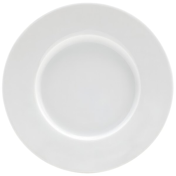 A white plate with a round rim.