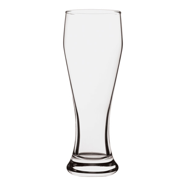 A clear Pasabahce Weizenbeer Pilsner glass.