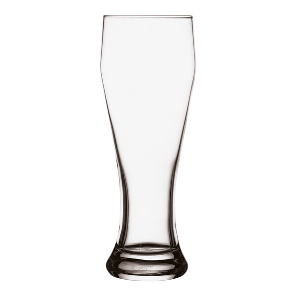A close-up of a clear Pasabahce Weizenbeer Pilsner Glass.