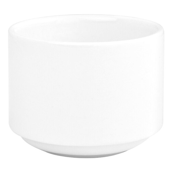 A bright white, round, stackable porcelain ramekin with a 6 oz. capacity.