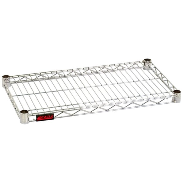 A chrome Eagle Group wire shelf on a metal rack.