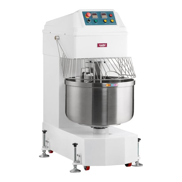 A large commercial spiral dough mixer with a stainless steel bowl and control panel, designed for heavy-duty mixing in bakeries or food service establishments.