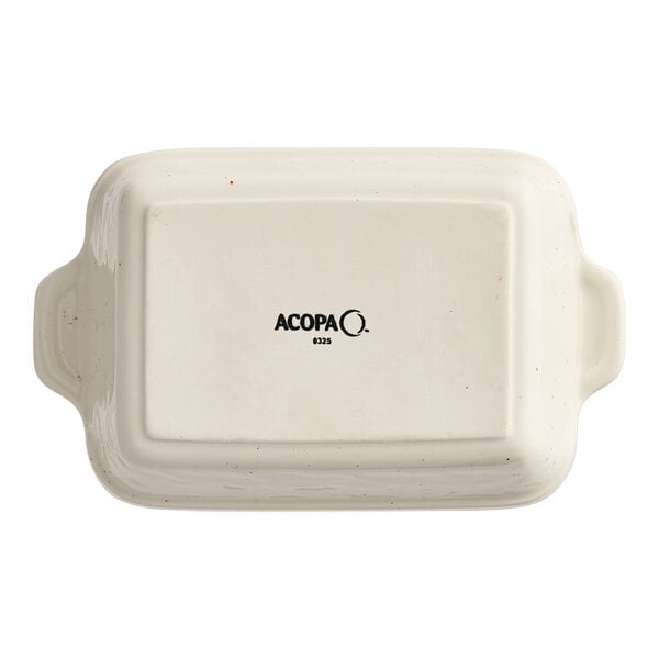 A rectangular vanilla bean porcelain baker or casserole dish with handles, shown upside down with the Acopa brand marking.