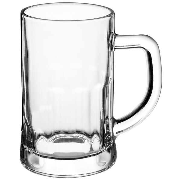 A clear glass Acopa beer mug with a handle.