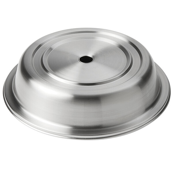 An American Metalcraft stainless steel satin finish plate cover with a hole in the center.