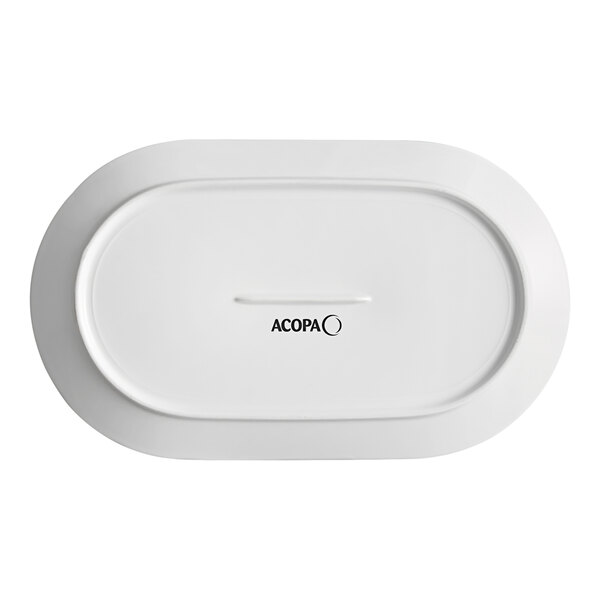 A white oval porcelain platter with embossed lines and a wide rim, featuring the Acopa logo in the center.