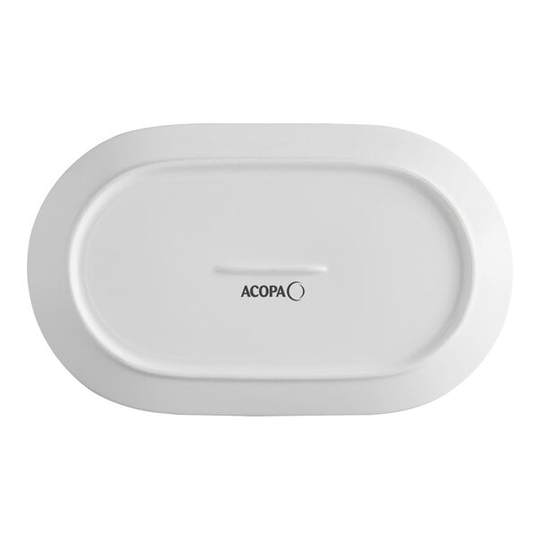An oval-shaped, bright white porcelain platter with embossed lines and a wide rim, featuring the Acopa logo in the center.