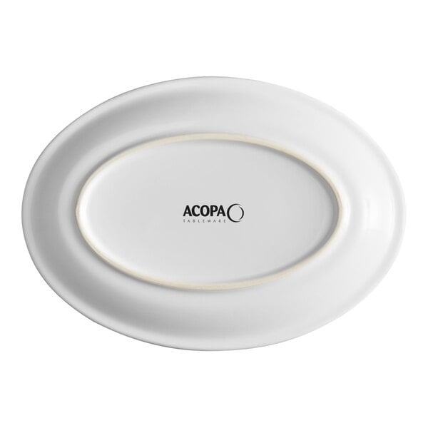 An oval white stoneware coupe platter with the Acopa Tableware logo on the bottom.