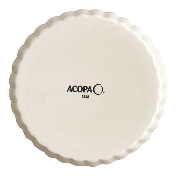 A round, vanilla-colored stoneware souffle or creme brulee dish with a fluted edge and the brand name 'Acopa' printed on the bottom.