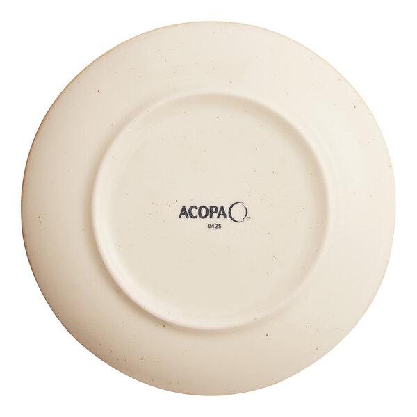 A small, round, beige stoneware plate with the brand name 'Acopa' printed on the bottom.