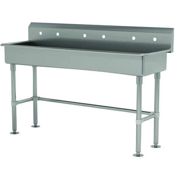 A large rectangular stainless steel utility sink with a metal frame and three holes.