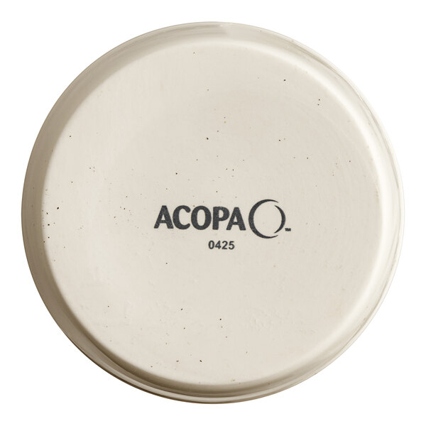 A small, round, vanilla bean-colored stoneware ramekin with the Acopa brand name on the bottom.