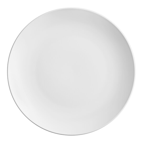 An Acopa matte white stoneware coupe plate with a white border.