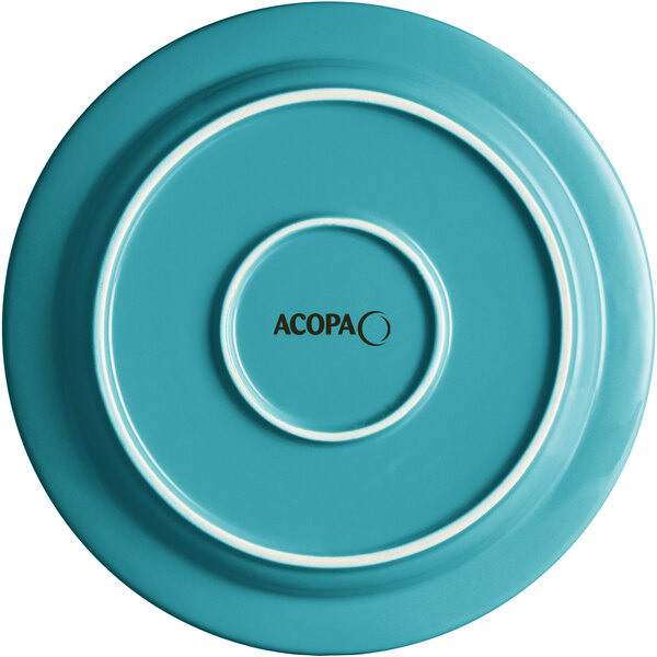 A Caribbean turquoise stoneware plate with a white border and the word "Acopa" in black.