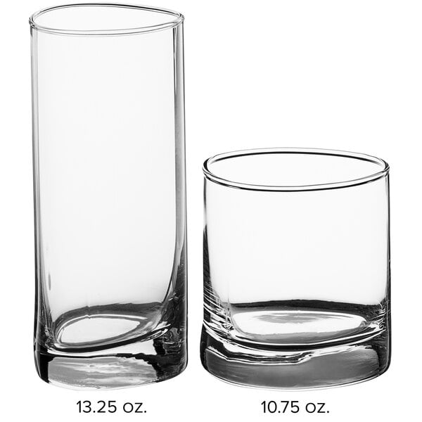 Two Acopa Bermuda rocks glasses with measurements on the side.