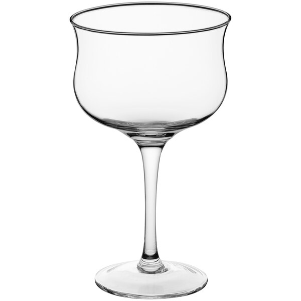 An Acopa Deco clear wine glass with a stem and curved rim.
