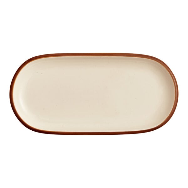 Acopa Keystone 14" x 6 3/4" Vanilla Bean Stoneware Oblong Coupe Platter - Sample