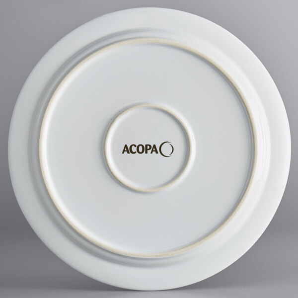 A white Acopa stoneware plate with a logo on it.