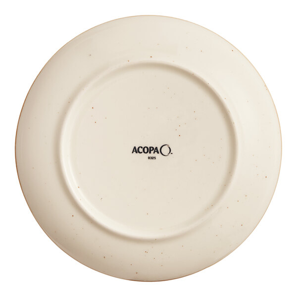 A round, cream-colored stoneware plate with subtle speckles and the Acopa brand name on the bottom.