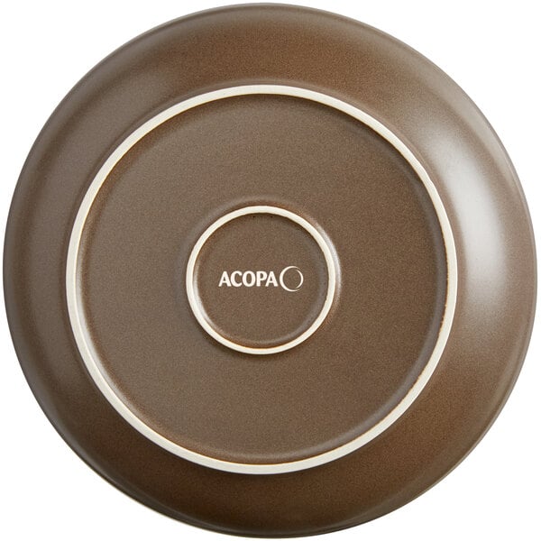 A brown stoneware pasta bowl with white text that says "Acopa" on it.