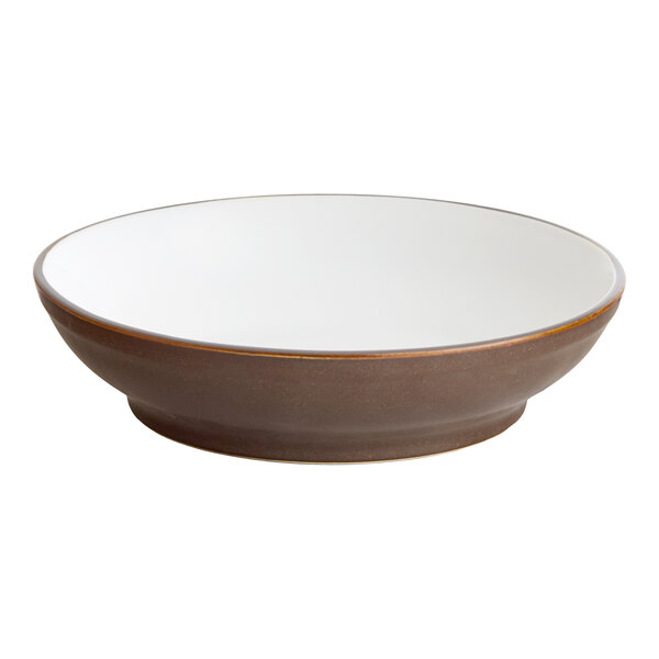 An Acopa hickory brown stoneware pasta bowl with a white rim.
