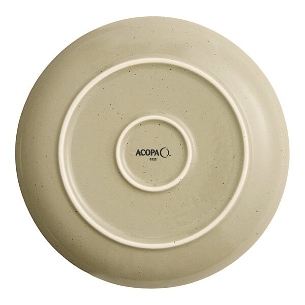 An Acopa Keystone 8 1/2 inch granite gray stoneware coupe plate shown from the bottom.