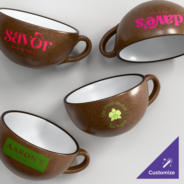 A set of brown matte stoneware cups with customizable logos and white interiors.