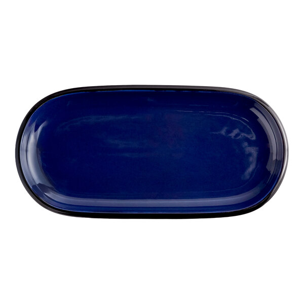 Acopa Keystone 14" x 6 3/4" Azora Blue Stoneware Oblong Coupe Platter - Sample