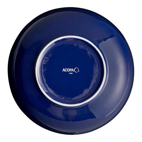 An 8-inch Azora blue stoneware coupe low bowl from Acopa, shown from the bottom.
