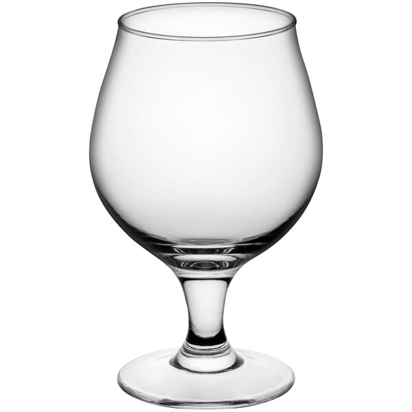 An Acopa Select clear tulip beer glass with a small base.
