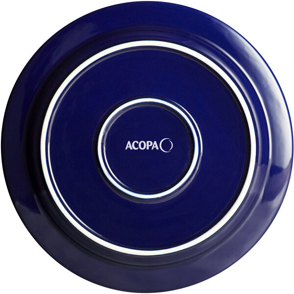 An Acopa Capri deep sea cobalt stoneware plate with white text on it.