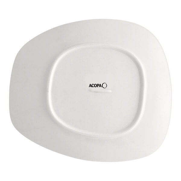 An Acopa cream white stoneware plate with an asymmetric square shape.