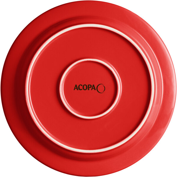 A red stoneware plate with a white circle and border and the word "Acopa" in the center.