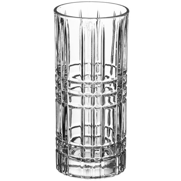 A close-up of an Acopa Madras highball glass with a checkered pattern.