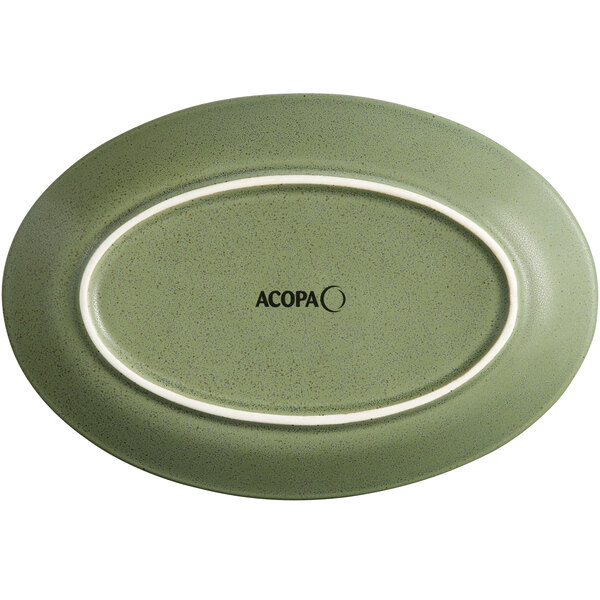 An Acopa moss green matte coupe stoneware platter with a white border.