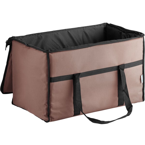 A brown and black Choice insulated food delivery bag with handles.